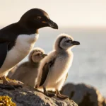 African penguin chicks perched side by side on a rocky outcrop overlooking calm Atlantic Ocean with golden sunlight