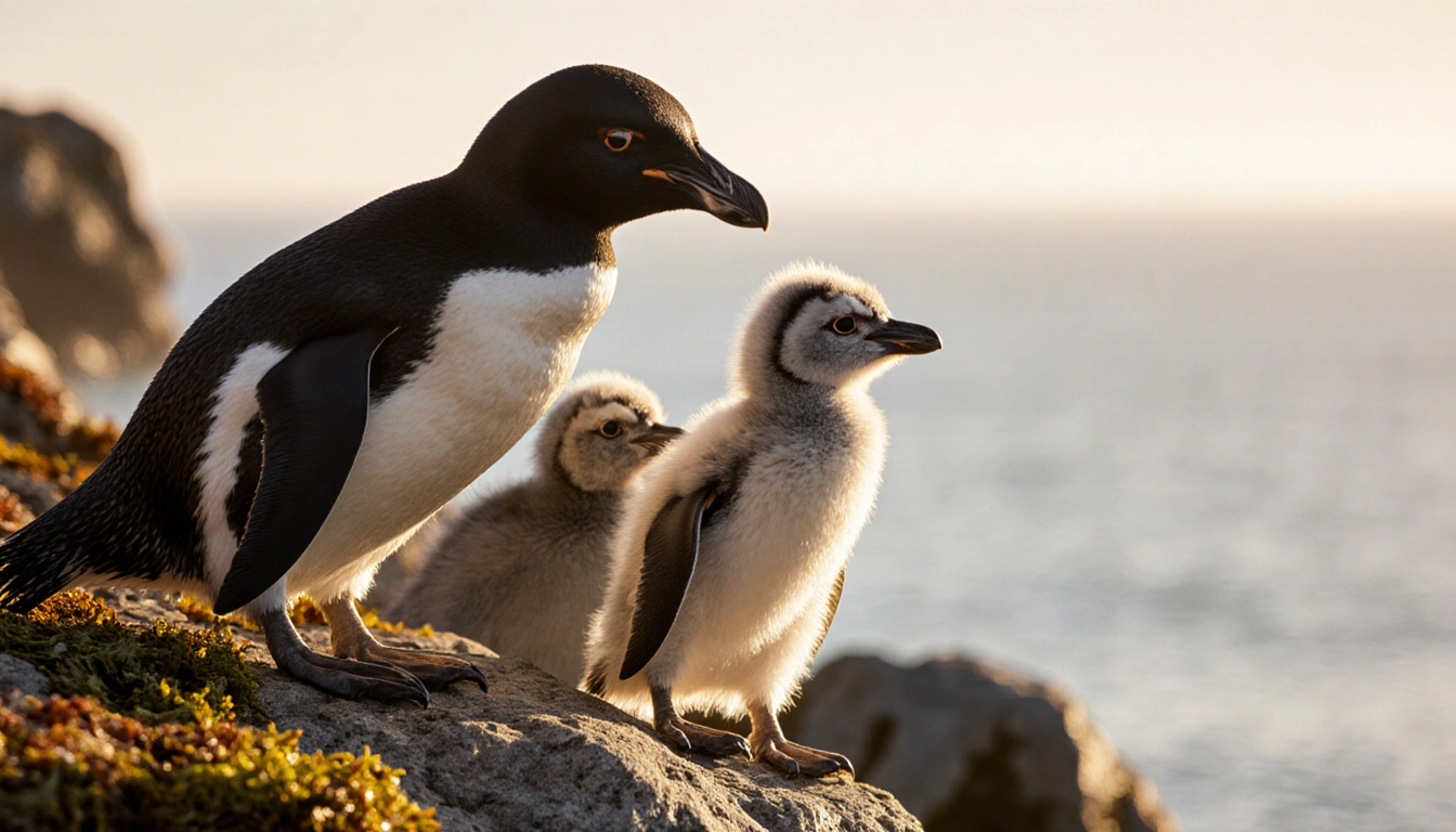 African penguin chicks perched side by side on a rocky outcrop overlooking calm Atlantic Ocean with golden sunlight