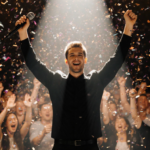 Aiden Ross standing on stage with microphone while blurred crowd confetti celebrate behind him