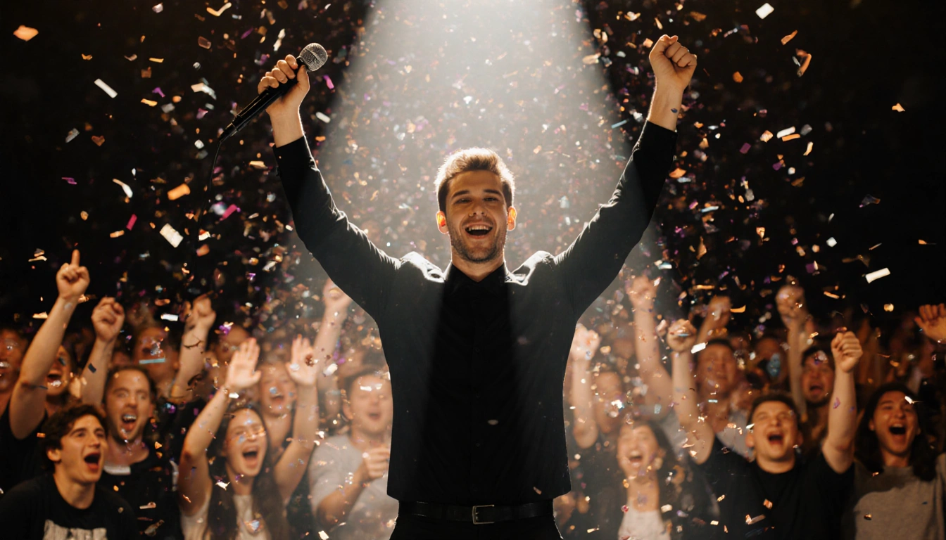 Aiden Ross standing on stage with microphone while blurred crowd confetti celebrate behind him