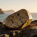 Gleaming granite curling stone with veining sits on Ailsa Craig shoreline turquoise sea behind dawn light warming the scene.