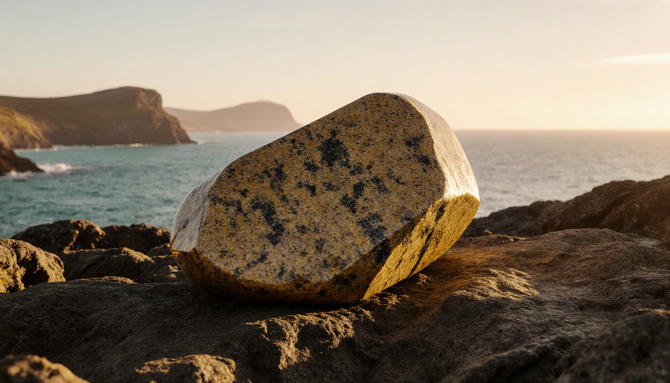Gleaming granite curling stone with veining sits on Ailsa Craig shoreline turquoise sea behind dawn light warming the scene.