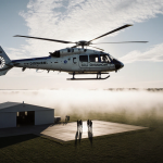 ChristianaCare medical helicopter soaring over misty Delaware landscape with bright blue sky and warm sunlight