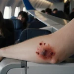 Traveler lying on armrest with red bite marks and inflamed skin against an airplane wing backdrop with faceless passengers