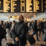Frazzled traveler squinting at a departures board while holding luggage with a crowded terminal holiday rush background