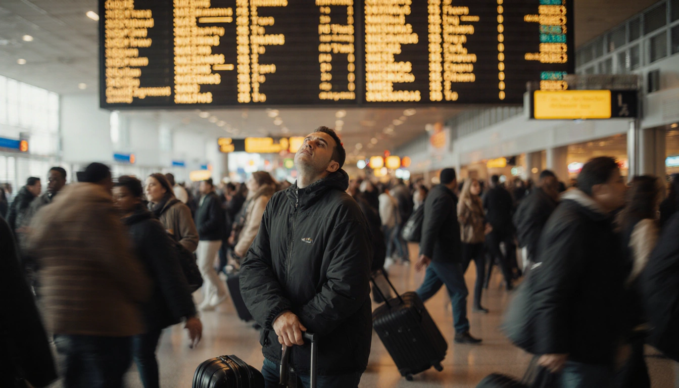 Frazzled traveler squinting at a departures board while holding luggage with a crowded terminal holiday rush background