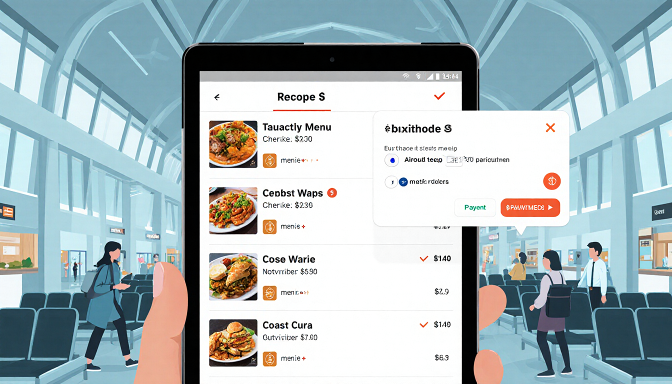 Smartphone screen displays PHLOrderNow restaurant list with highlighted item and payment card overlay on airport terminal