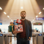 Traveler standing at security scanner with gifts and gadgets and TSA agent behind