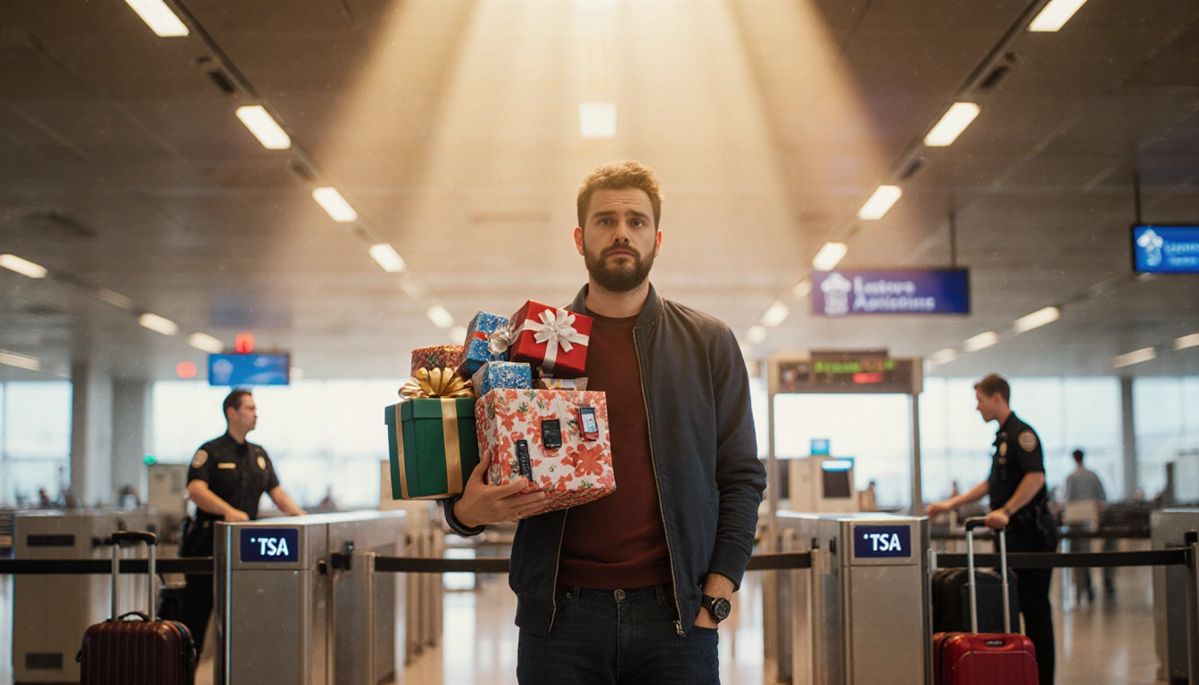 Traveler standing at security scanner with gifts and gadgets and TSA agent behind