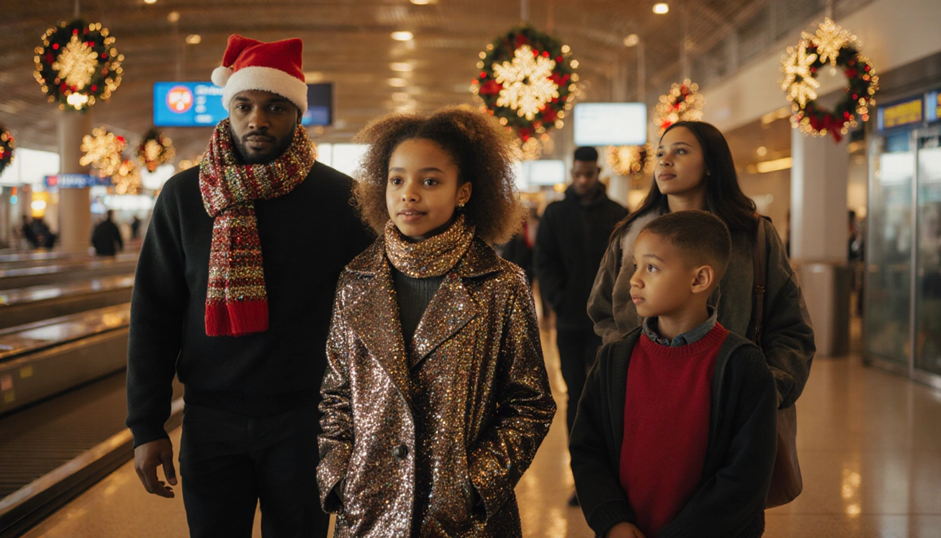 Travelers standing together in an airport terminal with holiday decorations and a sparkly scarf catching the golden light