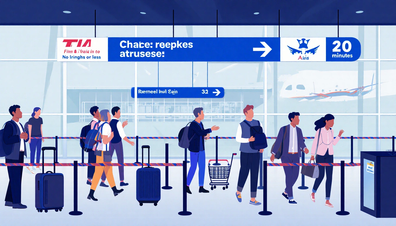 Passengers waiting and rushing through an airport terminal with TSA security lines and a minimal 20-minute wait sign.