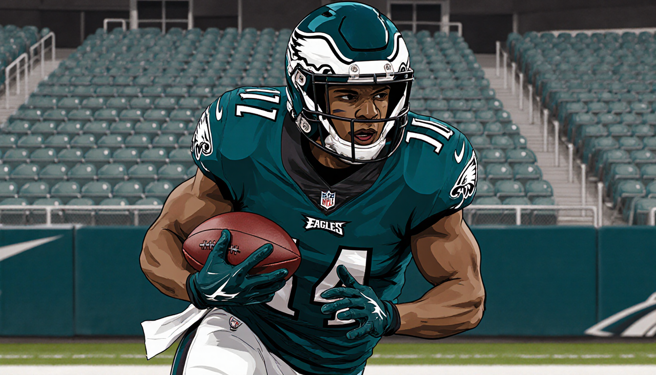 A.J. Brown holding the football while celebrating with blurred stadium seats in background