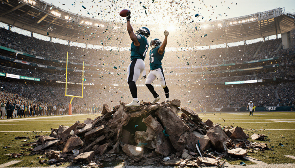 A.J. Brown holding up the football with rubble of a defeated Bears defense below and the Lincoln Financial Field behind.