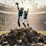A.J. Brown holding up the football with rubble of a defeated Bears defense below and the Lincoln Financial Field behind.