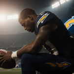A.J. Brown sits on a bench in SoFi Stadium holding a football with laces up and looking down with a Chargers logo behind him