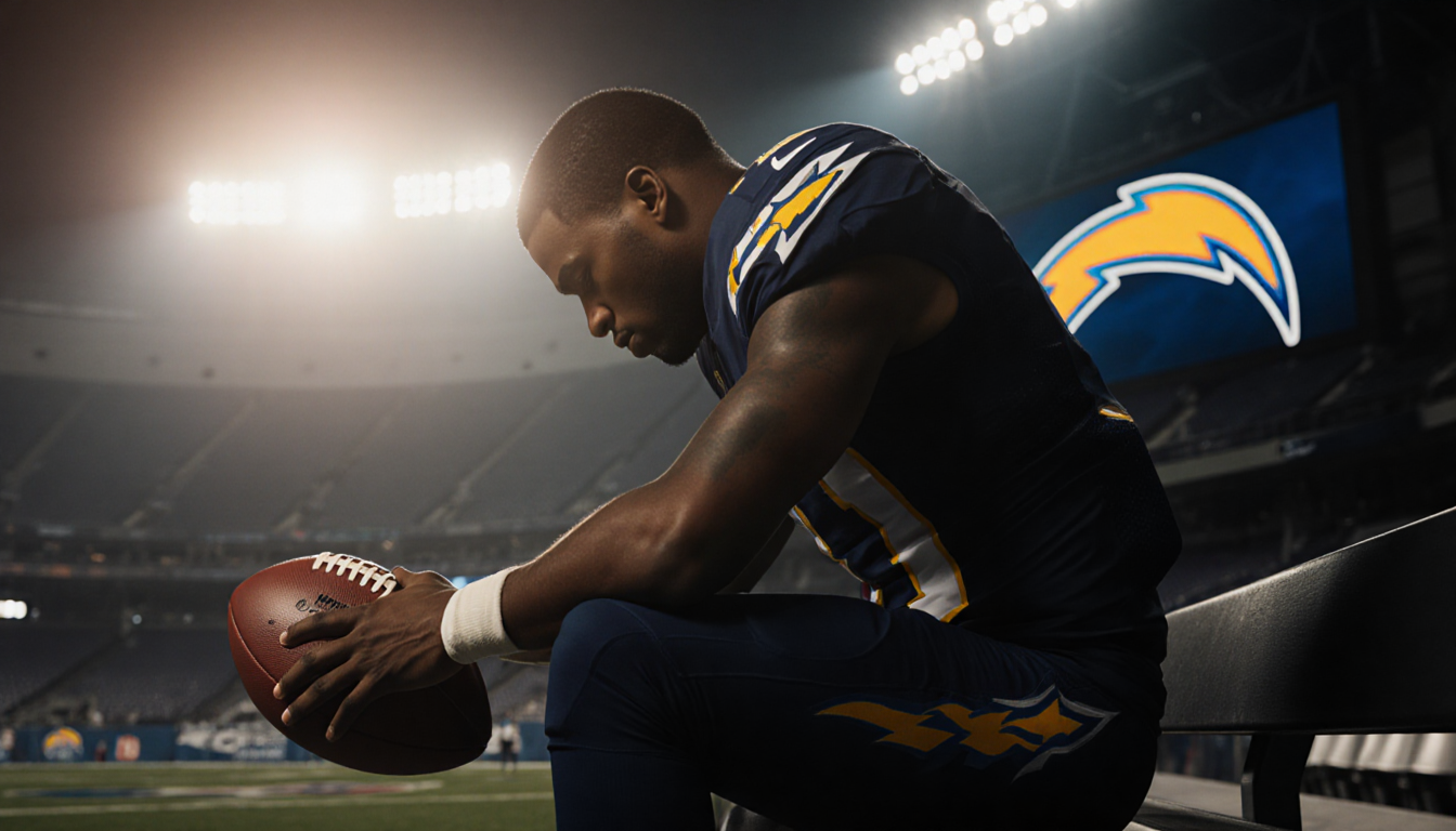 A.J. Brown sits on a bench in SoFi Stadium holding a football with laces up and looking down with a Chargers logo behind him