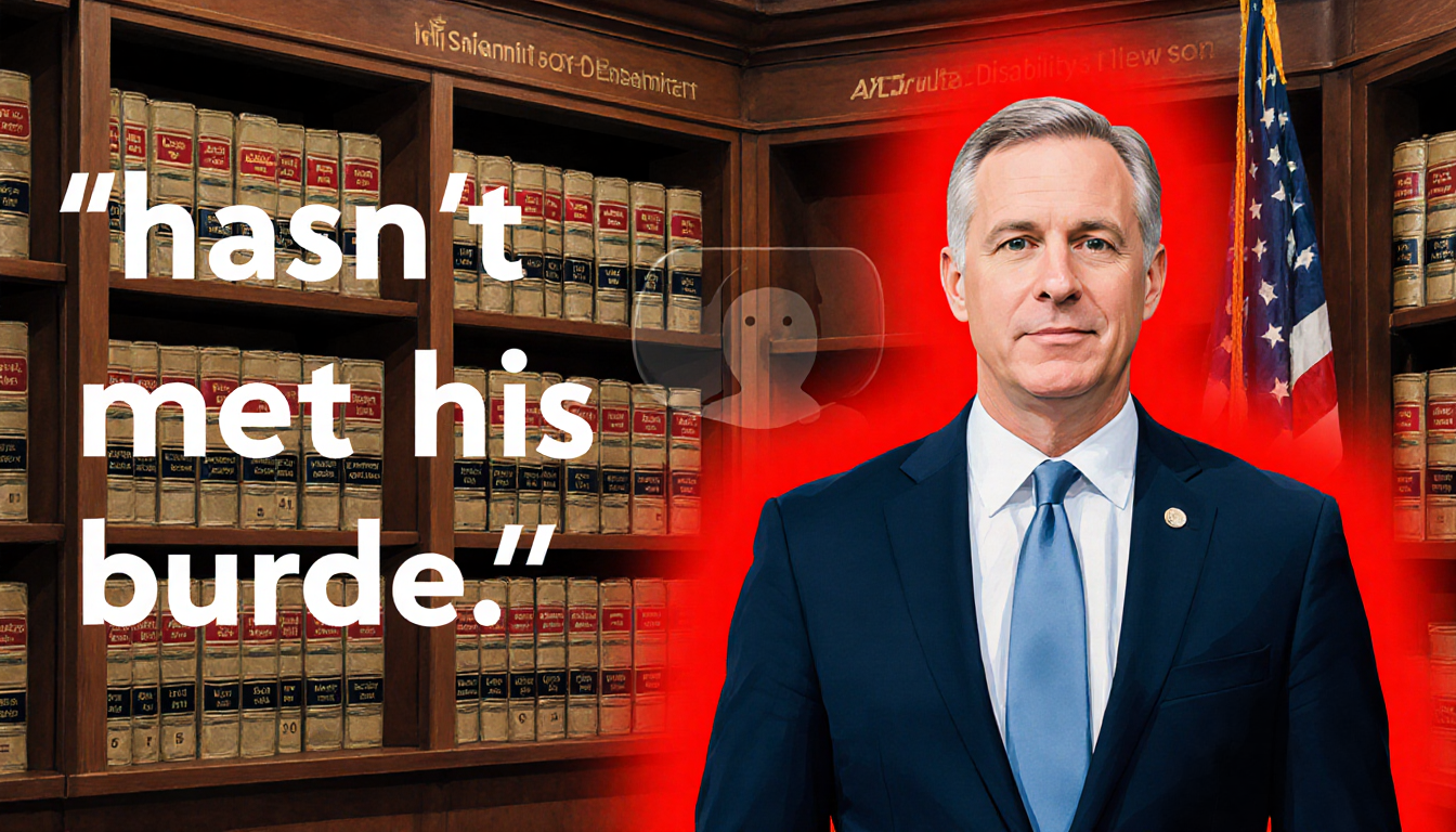 Alabama attorney general Steve Marshall stands with red highlight around hasn't met his burden and a bookshelf of court rulin