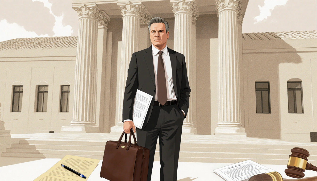 Alec Baldwin a determined lawyer standing in front of a courthouse holding a legal file with papers and a gavel nearby.