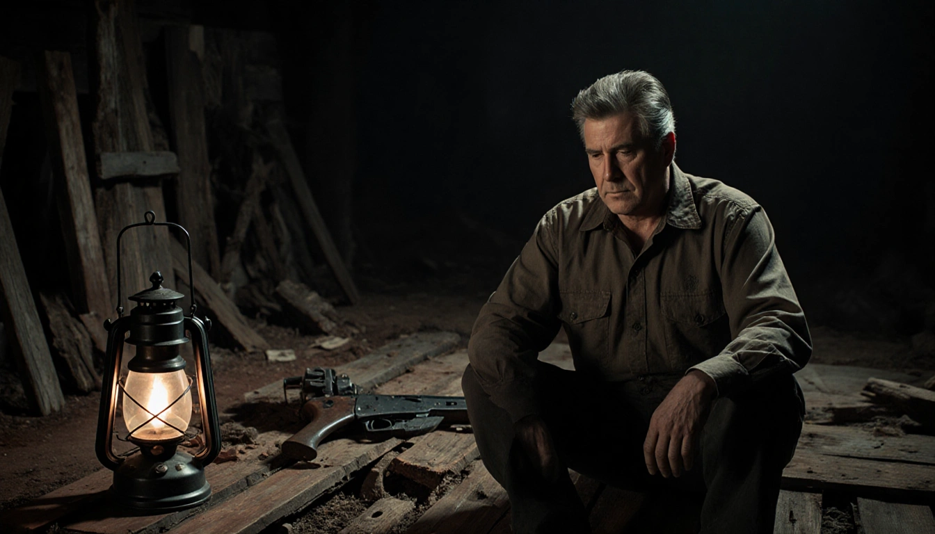 Alec Baldwin sitting on dusty Rust set with flickering lantern and broken gun nearby melancholy mood