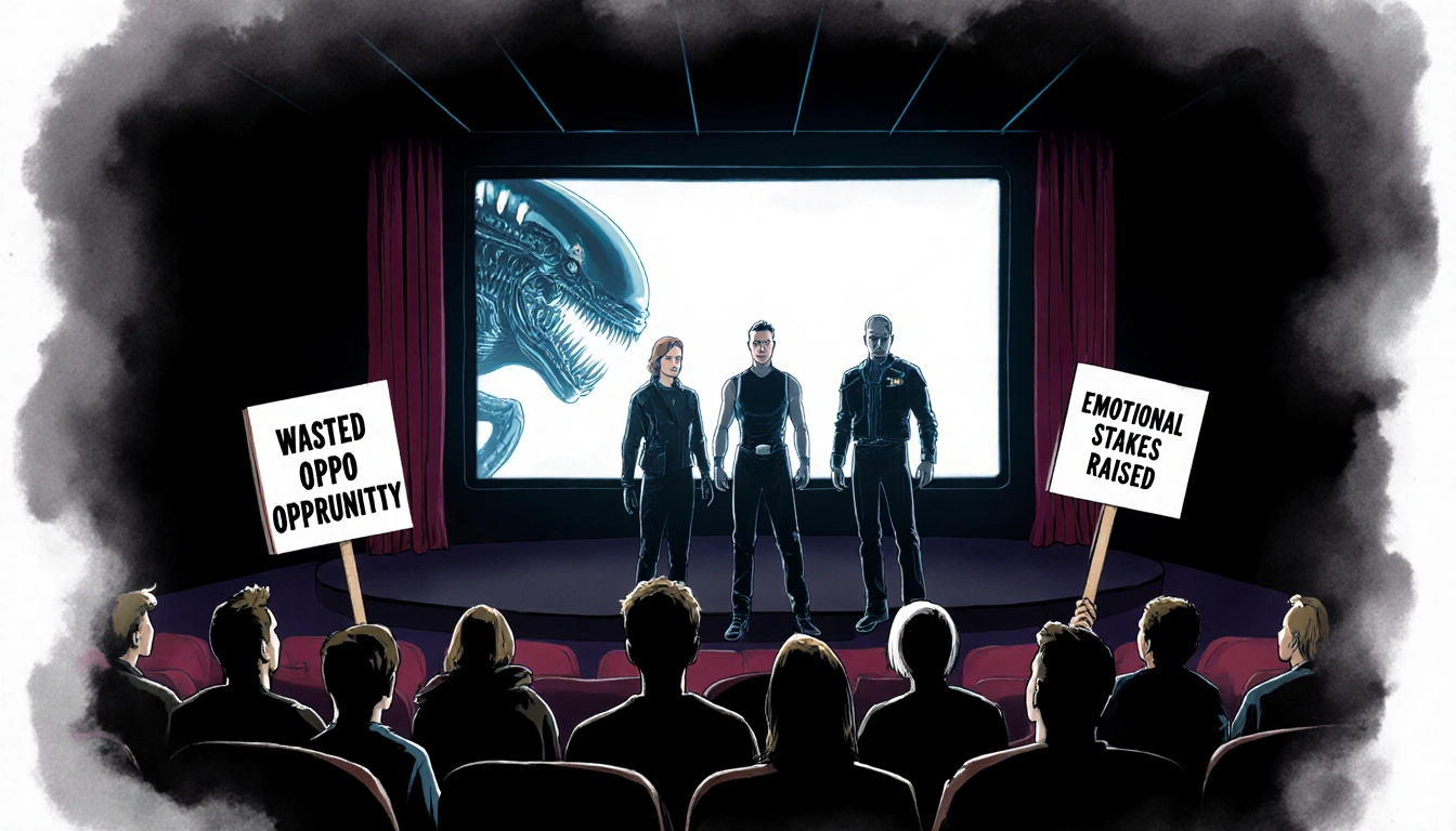 Fans holding debate signs in dark movie theater with Alien 3 characters standing behind screen