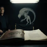 Leather book opens to Alien 3 death scene with James Cameron