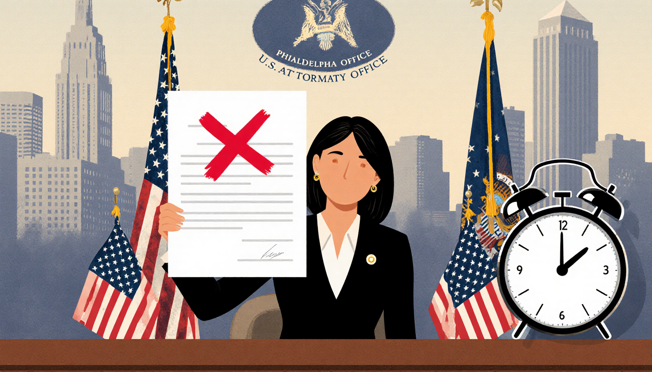 Judge holding disqualified document with red X and American flags in courtroom backdrop of Philadelphia skyline