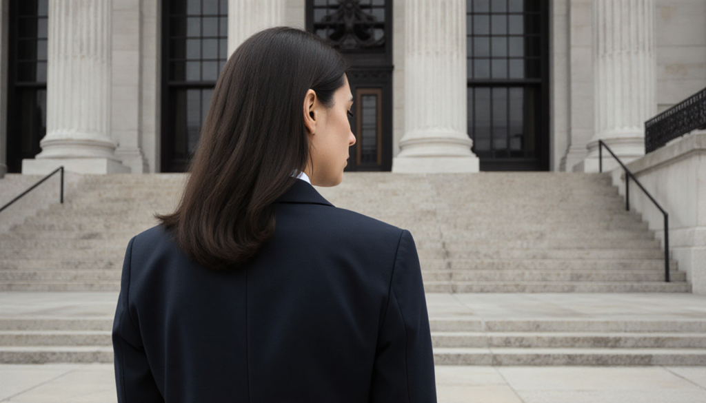 Alina Habba standing before New Jersey State House with a resigned posture and a single step leading away