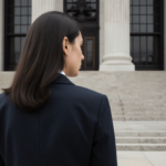 Alina Habba standing before New Jersey State House with a resigned posture and a single step leading away