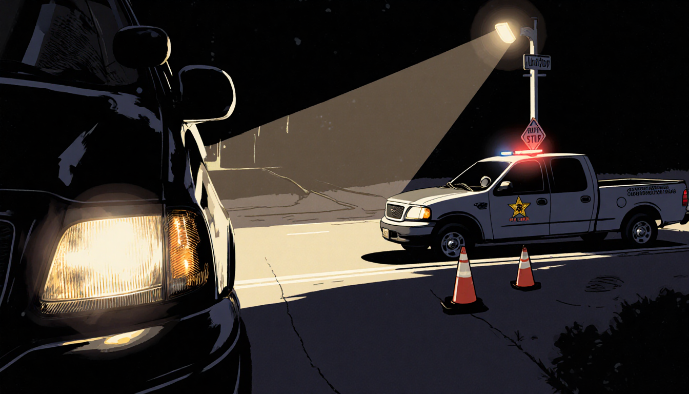 1999 Ford F‑150 parked under a bright spotlight with state trooper headlights illuminating Allentown night street