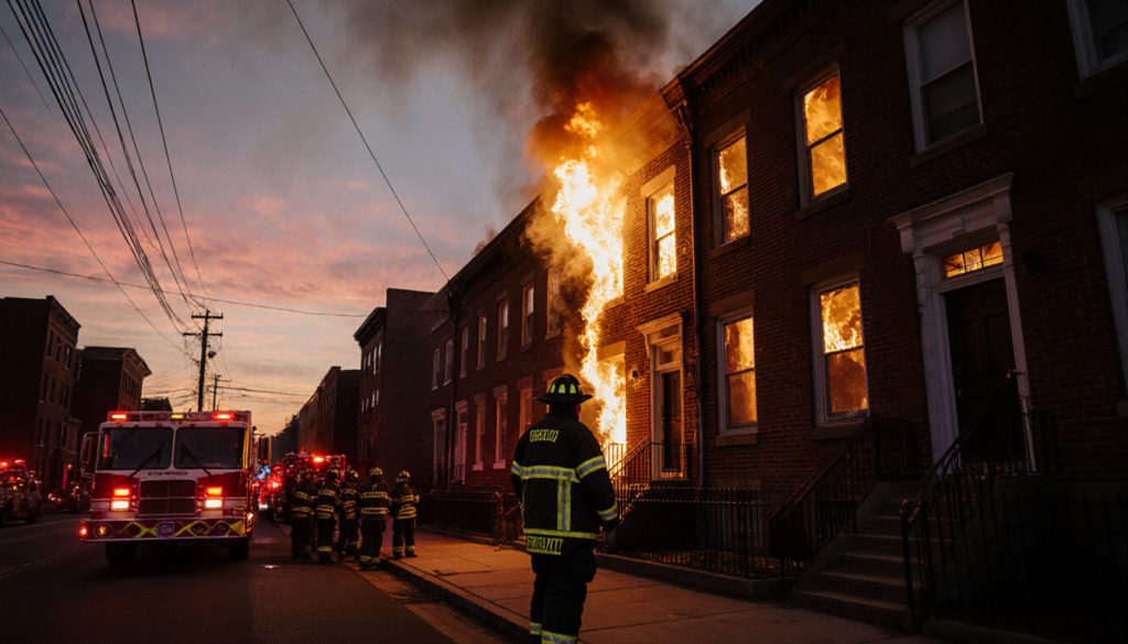 Firefighter watching flames from a burning brick row home with smoke rising and fire trucks nearby in Allentown
