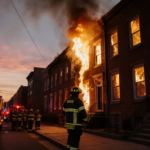 Firefighter watching flames from a burning brick row home with smoke rising and fire trucks nearby in Allentown