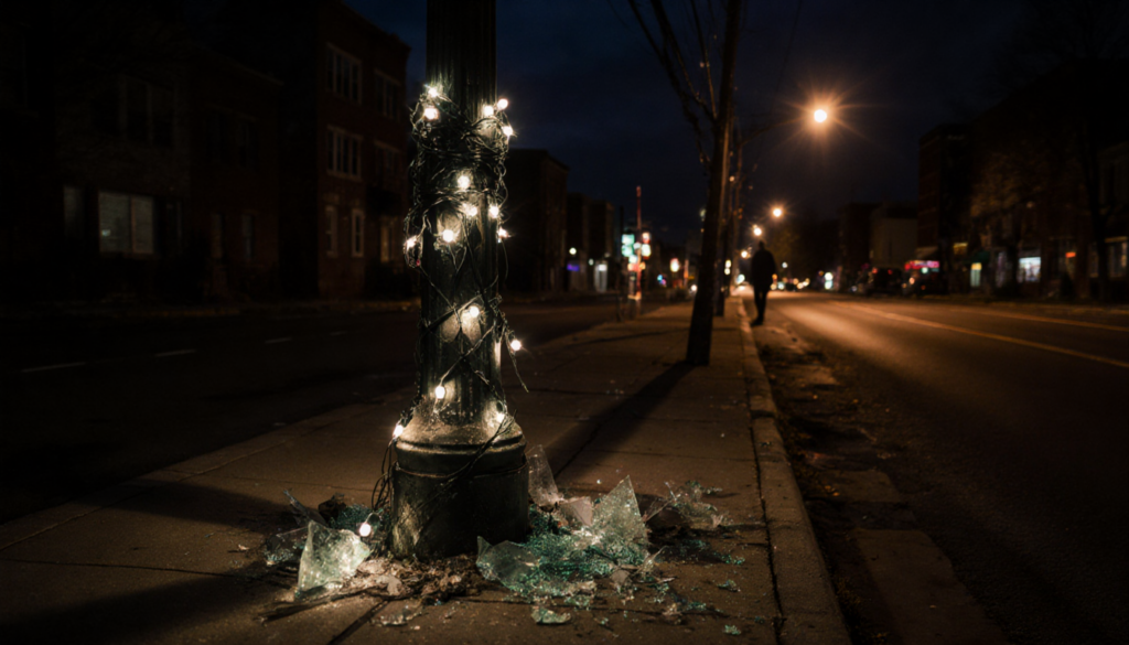 Lone figure silhouetted on dark Allentown street with broken string light tangled around lamppost and scattered debris.