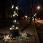 Lone figure silhouetted on dark Allentown street with broken string light tangled around lamppost and scattered debris.