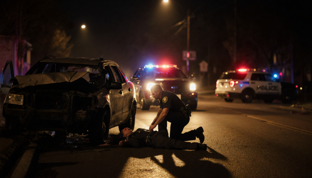Trooper kneeling beside lifeless driver with mangled car in front and police lights overhead