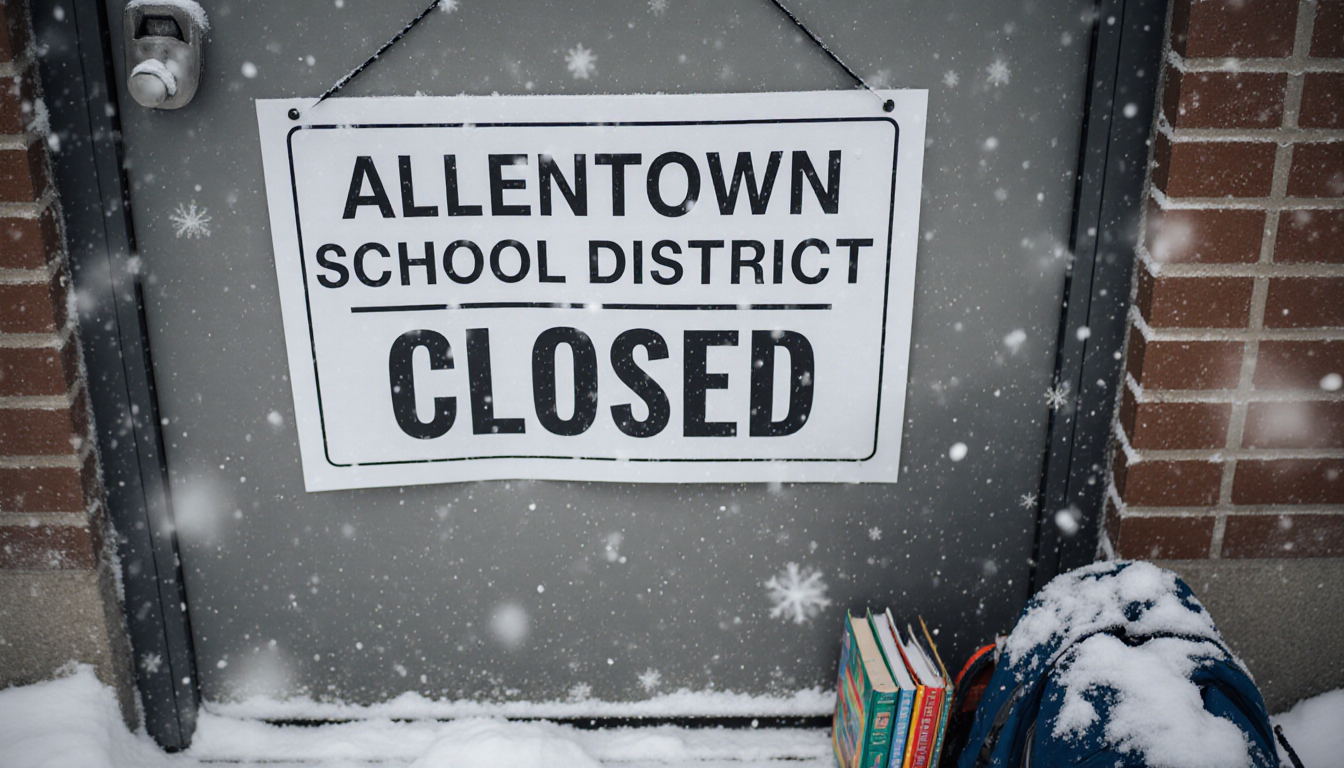 School sign hanging on metal door with snowflakes falling and scattered books and backpacks in foreground