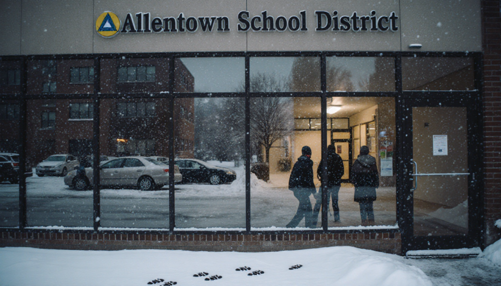 Students bundling outside the school entrance with snow‑covered parking lot and warm glow from inside.