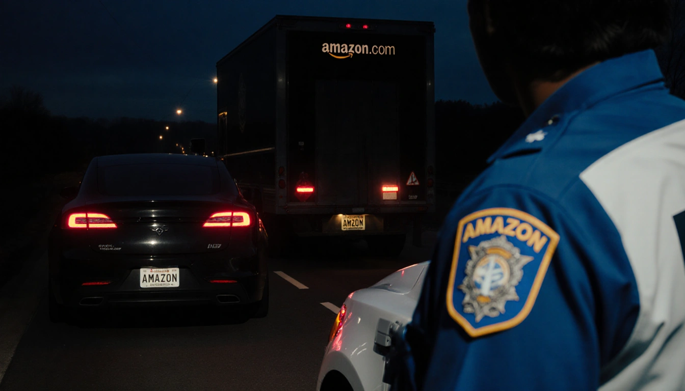 Police cruiser parking beside a figure on the ground with Amazon logo on uniform and Amazon delivery van in highway dusk