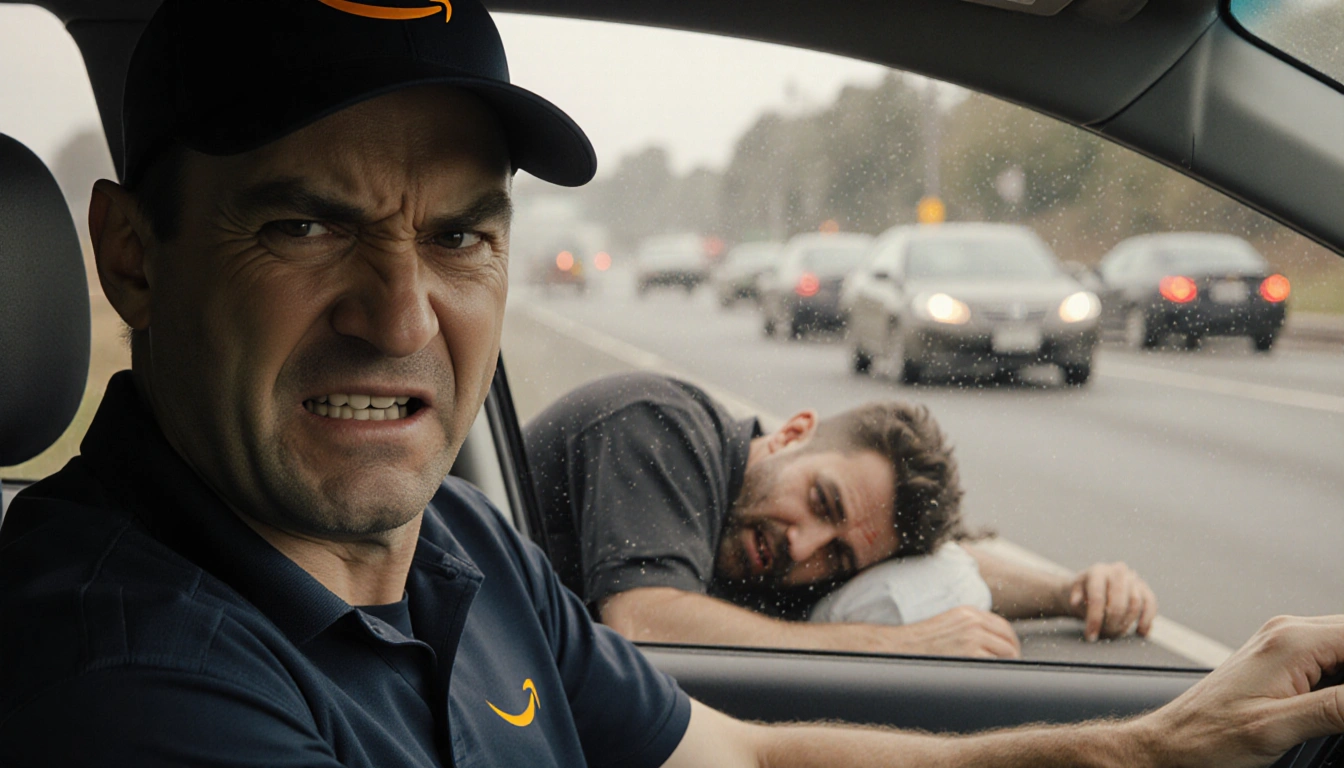 Amazon driver racing into a car with angry face during vehicle crash and injured victim on road