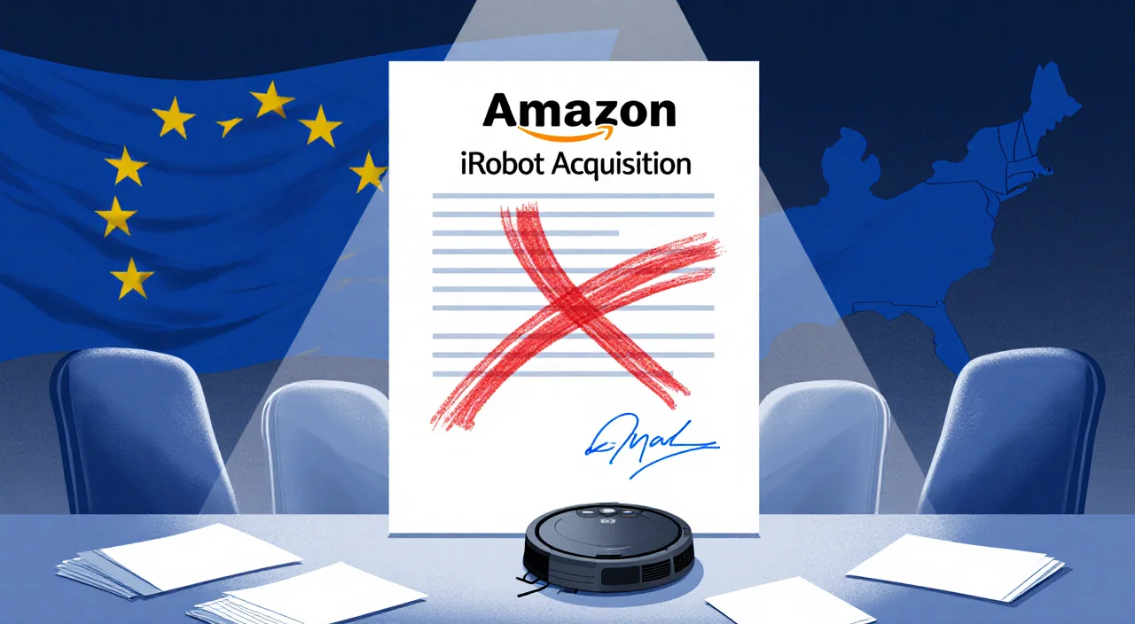 Large red X cuts across board with Amazon iRobot Acquisition text with EU flag outline.