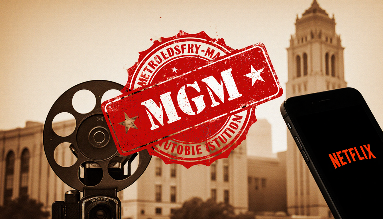 Red circle stamp overlays faded film reel with blurred MGM studio backdrop and faint Netflix logo.