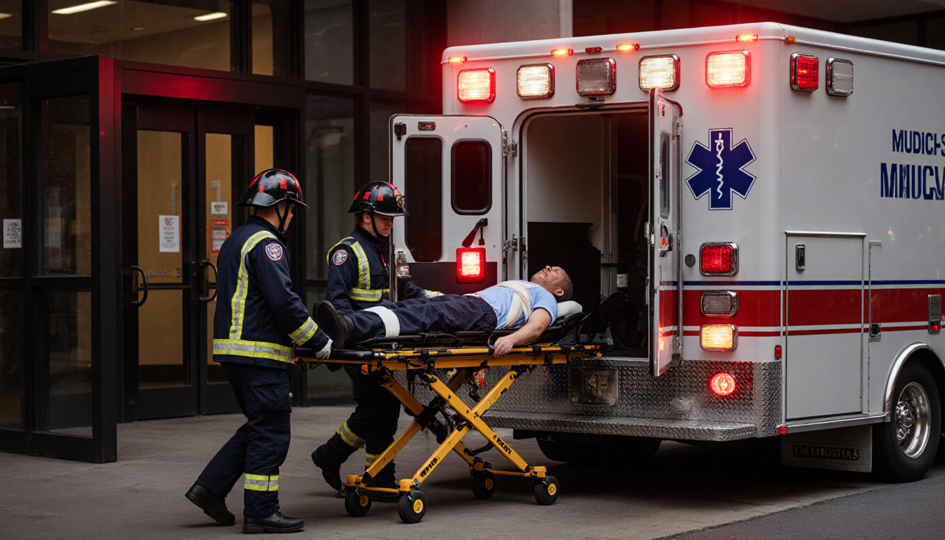 Emergency responders exiting a flashing ambulance with a stretcher and patient near Philadelphia hospital entrance