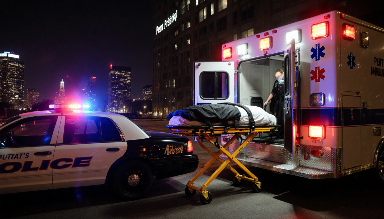 Stretcher carrying medical transport being loaded into an ambulance with a police cruiser at Penn Presbyterian at night