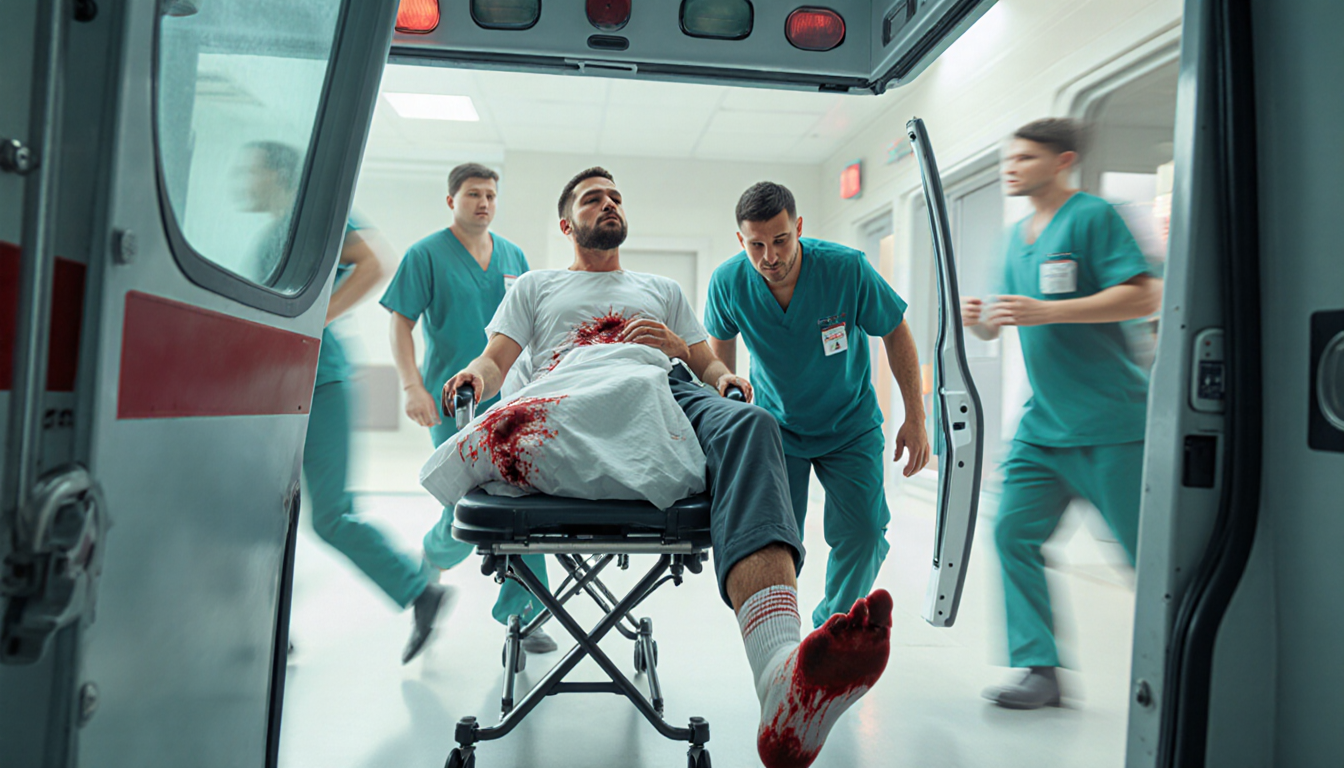 Ambulance transports two men with one on a stretcher and the other holding a blood‑soaked sock amid frantic medical staff