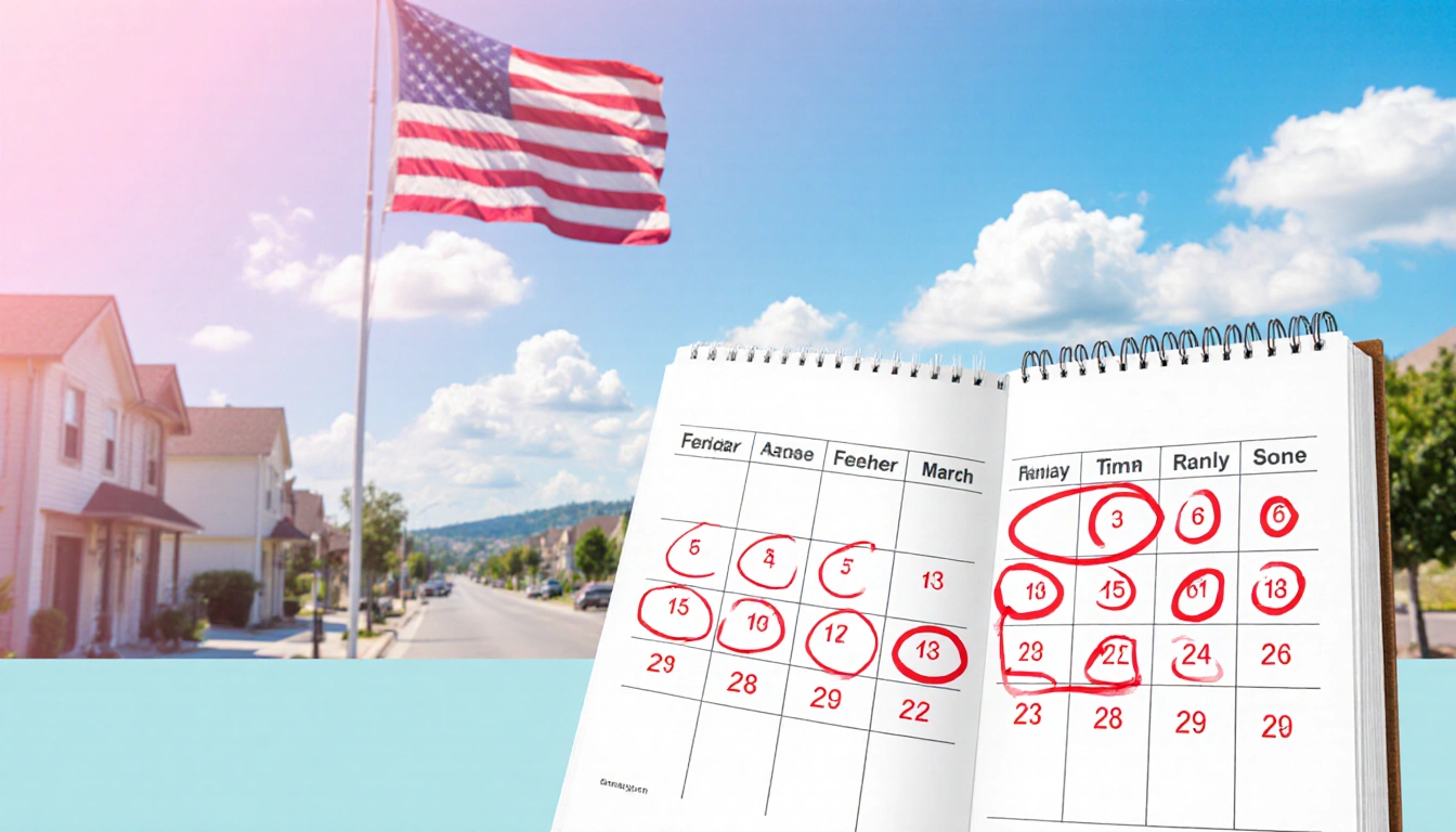 American flag waving gently with red circled dates on a planner in front of pastel sky and blurred city streets.