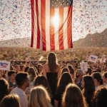Erika Kirk stands confidently overlooking a crowd with an American flag and patriotic banners and desert backdrop