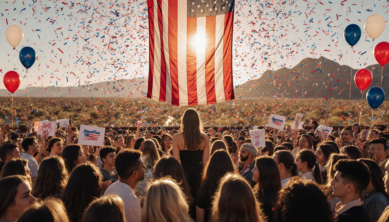 Erika Kirk stands confidently overlooking a crowd with an American flag and patriotic banners and desert backdrop