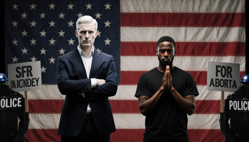 Two figures stand side by side with contrasting poses under an American flag showing inequality with protest signs in backgro