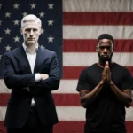 Two figures stand side by side with contrasting poses under an American flag showing inequality with protest signs in backgro