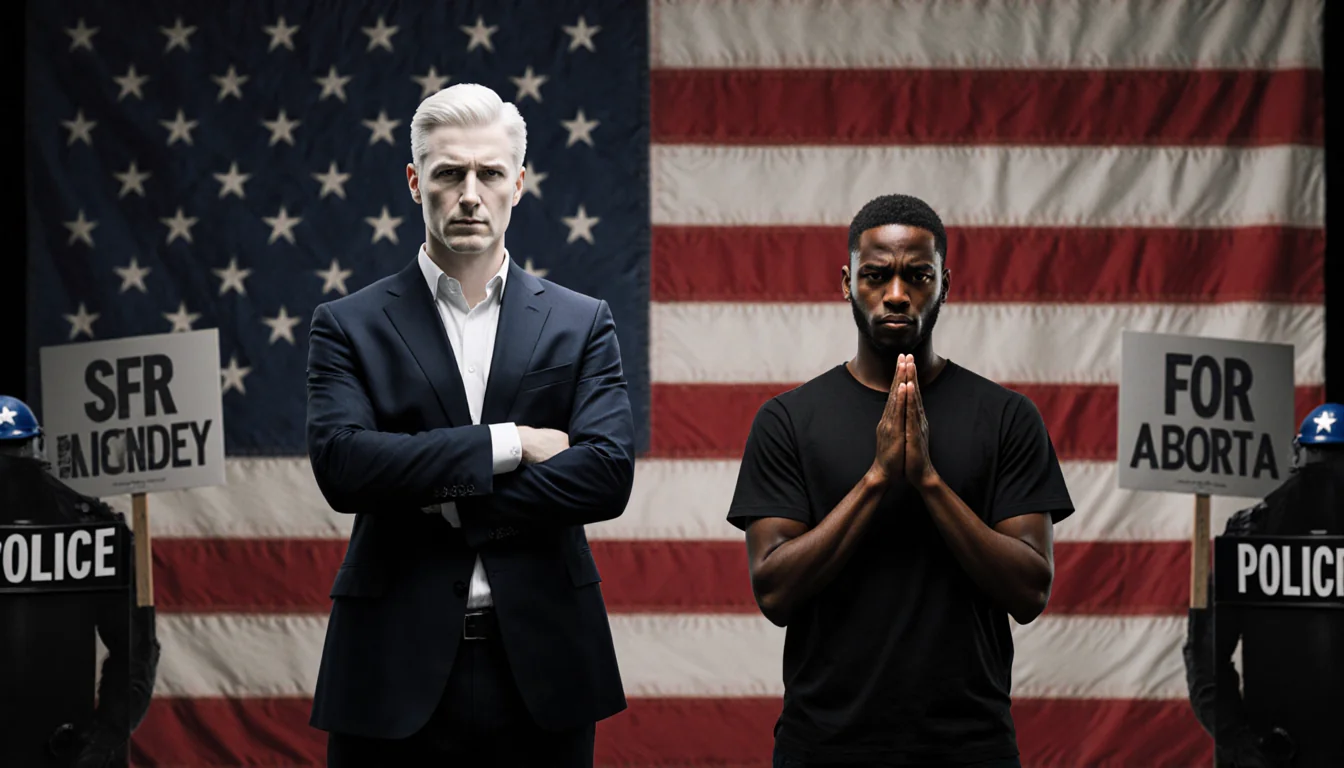 Two figures stand side by side with contrasting poses under an American flag showing inequality with protest signs in backgro
