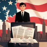 Person standing before a flag-wrapped wall with cityscape backdrop and holding a briefcase of politics regulation documents.